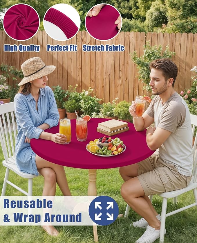 Round Spandex Tablecloth, Elastic Fitted Waterproof Tablecloths for 36"-44" Tables, Stretch Washable Picnic Table Cover for Camping, Dining, Indoor and Outdoor, Fuchsia