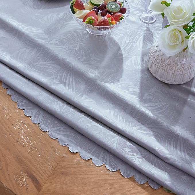 Round Tablecloth 80 Inch Fabric Table Cloth Leaves Pattern Scalloped Edge Silky Soft Tablecloth Waterproof Wrinkle Resistant Washable Table Cover Dinning Party Banquet Decoration (Grey)