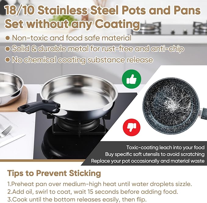 E-far 9pcs Stainless Steel Cookware Set, 3-Ply Pots and Pans Set w/Detachable Handle & Lid, Induction Cookware Kitchen Cooking Set for RV Camping, Nontoxic Whole Clad Frying/Saute/Sauce Pan, Oven Safe