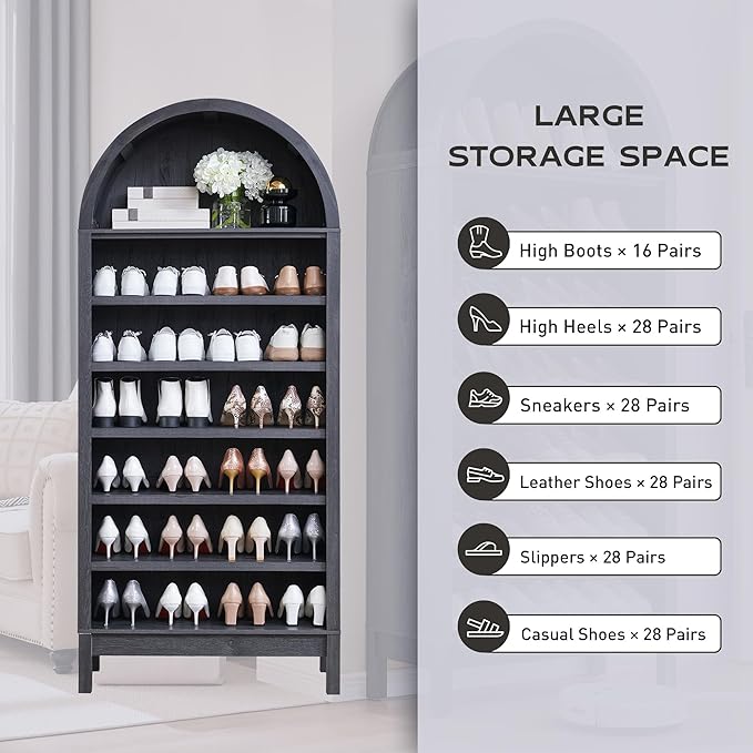 71" Tall Arched Bookshelf, 7 Tiers Arch Bookcase with Storage, Modern Farmhouse Book Shelf with Adjustable Shelves, Wood Bookshelf w/Open Display Shelves for Living Room, Office (Dark Grey)