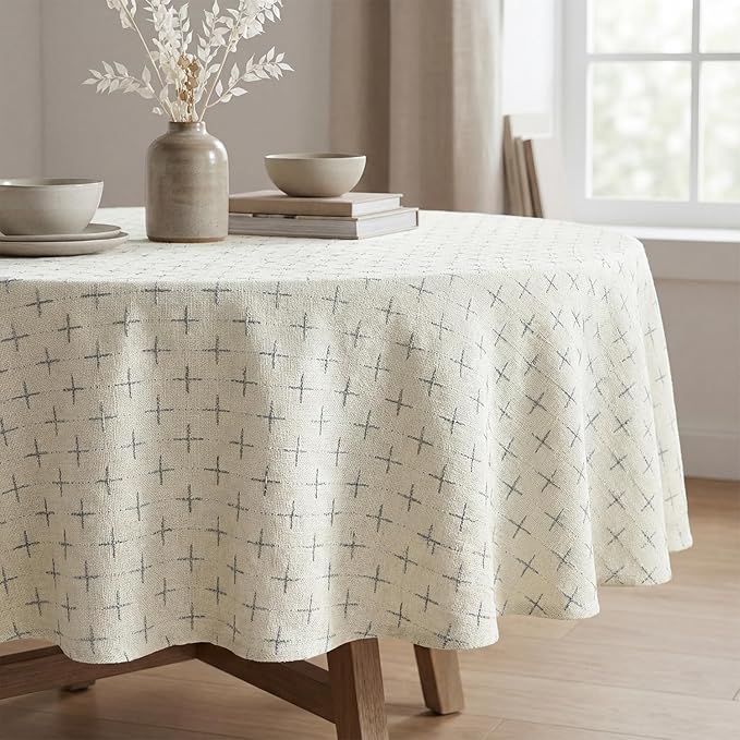 Horaldaily White Round Table Cloth, Cross-Star Solid Textured Embroidery Tablecloth, Wrinkle Free Washable 60×60 Inch Table Cover for Kitchen, Party, Wedding, Picnic, Outdoor