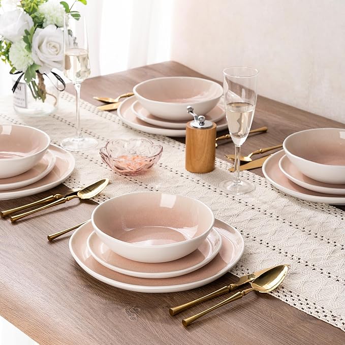 AmorArc Ceramic Dinnerware Sets,Handmade Reactive Glaze Stoneware Plates and Bowls Sets,Highly Scratch Resistant | Dishwasher & Microwave Safe Dishes Set,Service for 6 (18pc)-Pink