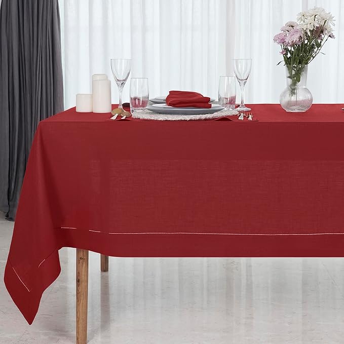 D'Moksha Homes Red Linen Tablecloth for Rectangle Tables 60 x 102 Inch - Classic Hemstitch 100% Pure Linen Red Table Cloth - Machine Washable Dining Tablecloth for Valentines, Spring