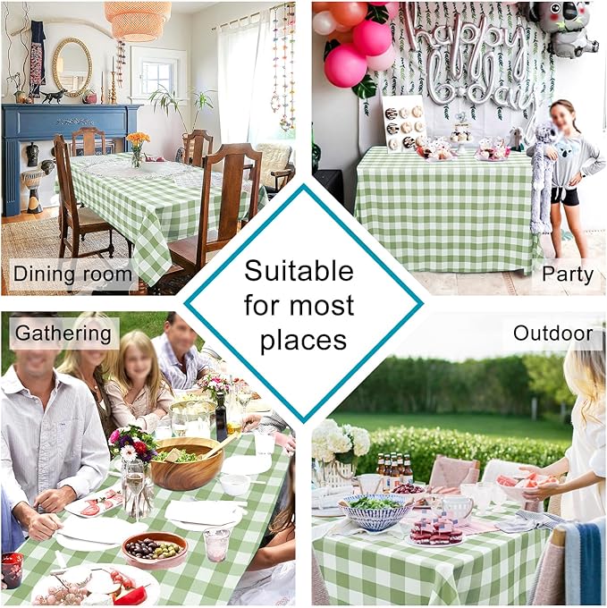 Hiasan Checkered Tablecloth Rectangle, 60 x 140 Inch - Waterproof, Wrinkle Resistant and Washable Gingham Table Cloth for Outdoor Picnic, Kitchen and Holiday Dinner, Sage Green and White