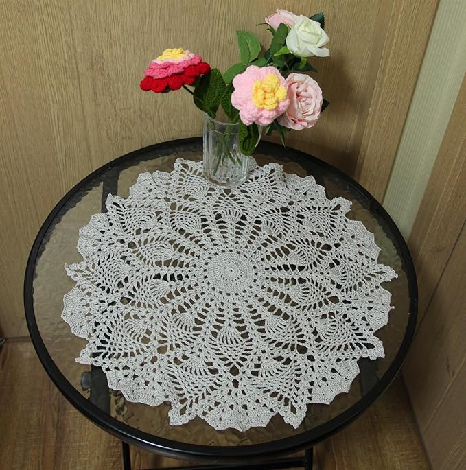 BIBITIME Lace Tablecloth Doily Handmade Crochet Placemat Women Vase Mat Kitchen Table Runner (1PC- 18 in to 20 in, Light Grey)