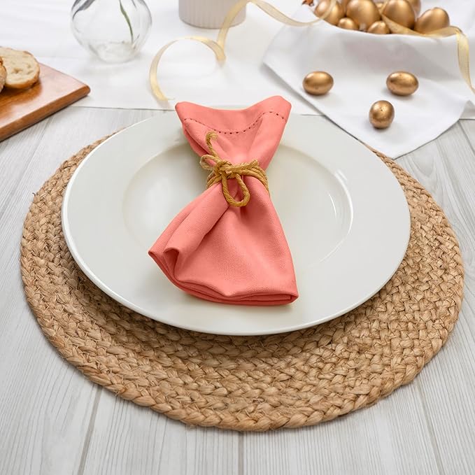 Blue Needles Set of 12 Hemstitch Linen Napkins 100% Cotton Salmon Cloth Dinner Napkins 18x18 inches, Soft, Reusable, Absorbent, Washable, Ideal for Wedding Events, Parties & Everyday Use