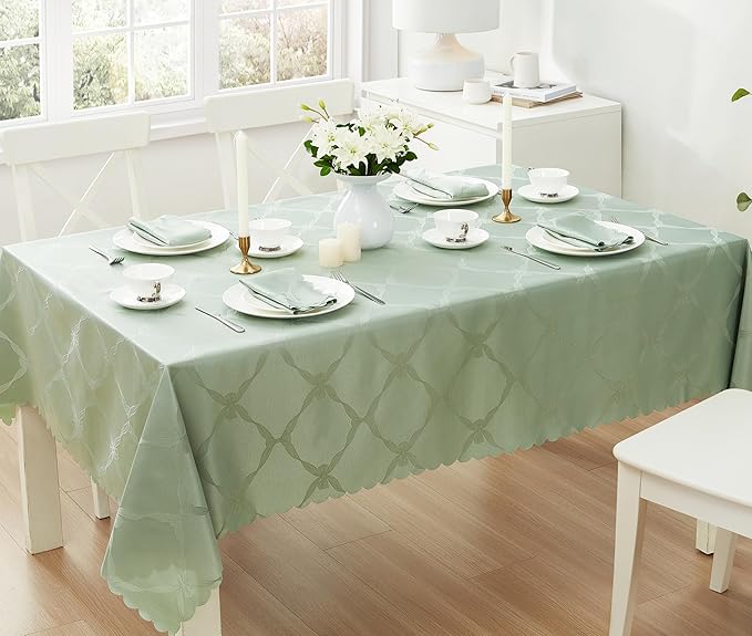 Newbridge Ribbons and Bows Damask Spring & Easter Holiday Fabric Tablecloth, Sage Green, 60 x 84 Inch Rectangle, Wrinkle & Stain Resistant Table Cover