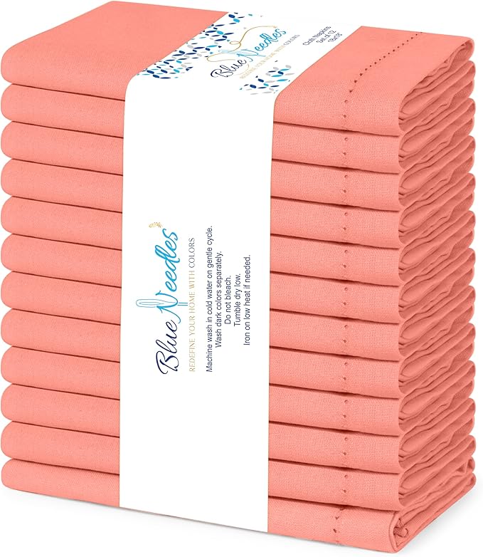 Blue Needles Set of 12 Hemstitch Linen Napkins 100% Cotton Salmon Cloth Dinner Napkins 18x18 inches, Soft, Reusable, Absorbent, Washable, Ideal for Wedding Events, Parties & Everyday Use