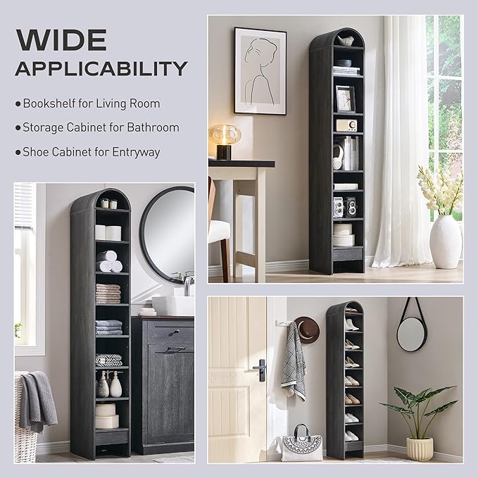 67" Tall Arched Bookshelf, 8 Tiers Arch Bookcase with Storage, Modern Farmhouse Book Shelf with Adjustable Shelves, Wood Bookshelf w/Open Display Shelves for Living Room, Office (Dark Grey)