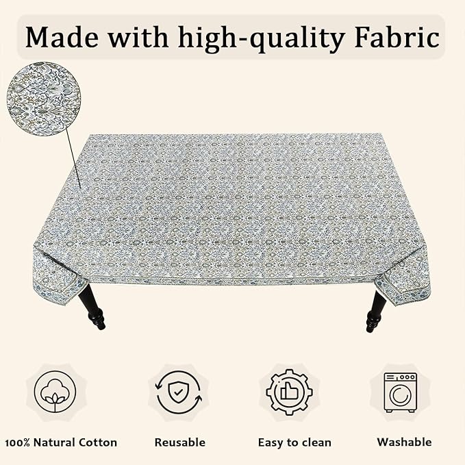 Ridhi Hand Block Print Indigo Rectangle Cotton Tablecloth 90" x 60" Reusable Table Cover Decorative Everyday Use for Dining, Farmhouse, Home Gift for Spring, Easter, Valentine