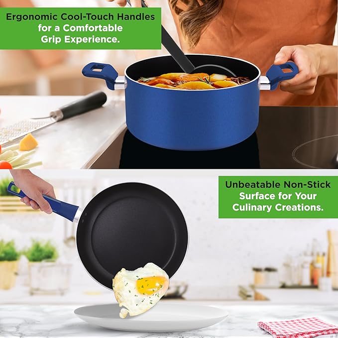 NutriChef 13-Pc Royal Blue Cookware Set - Nonstick Pots & Pans with See-Through Lids, Even Heat Distribution, Cool-Touch Handles, Utensils Included - NCCWA13BU