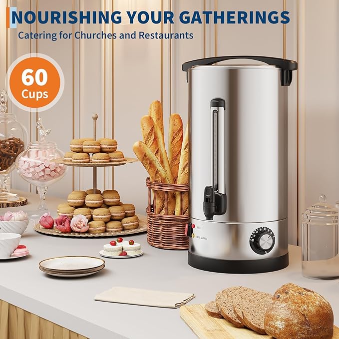 70-Cup Commercial Coffee Urn – 10l Large Stainless Steel Electric Coffee Maker with Double-Wall Insulation and Filter Basket – Suitable for Buffets, Catering, Parties, Weddings, and Business Events
