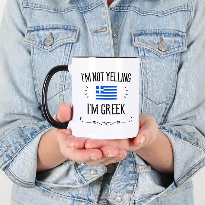 Casitika Funny Greek Souvenirs and Gifts. I'm Not Yelling I'm Greek11 oz Coffee Mug. Gift Idea for Men and Women From Greece Featuring the Country Flag. (Black Handle/Rim)