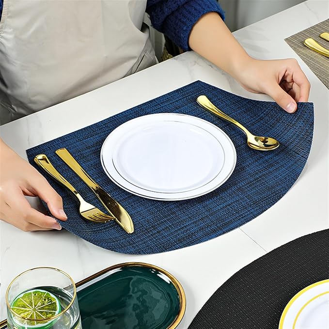 Round Oval PVC Table Placemats Wedge Shaped Dining Table Mats Non-Slip Heat Waterproof Indoor Outdoor Kitchen(Stripe Blue Green,4pcs 45x30cm)