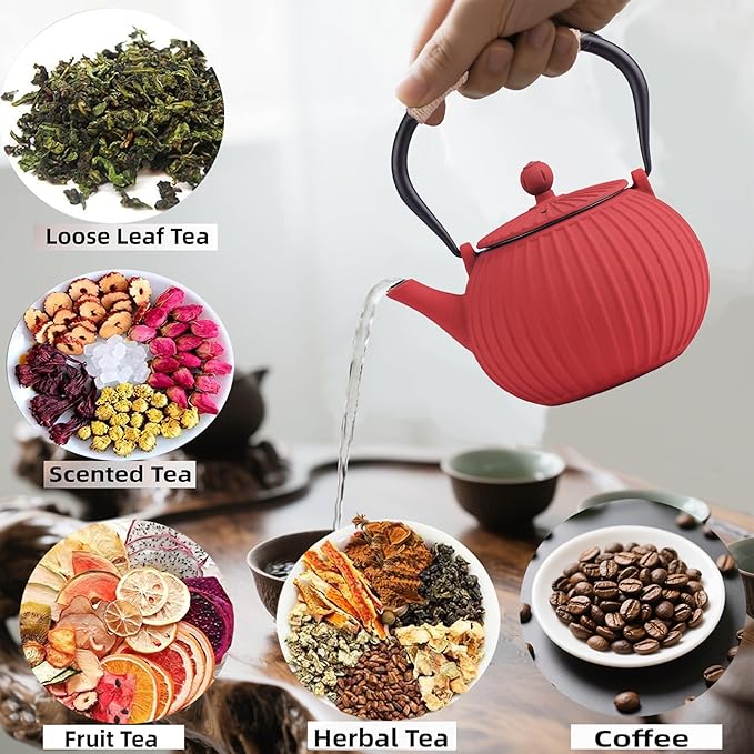 Japanese Tetsubin Cast Iron Teapot 40oz（1200ML) - Enamel Coated Interior & Removable Stainless Steel Infuser, Stovetop Safe Kettle for Tea Ceremony (red)