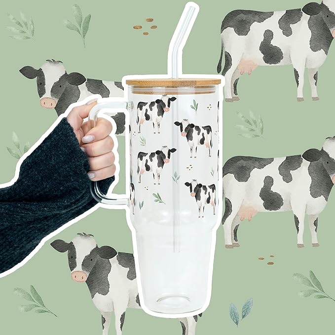 Sip Sip Hooray Pasture Perfect Cow 40oz Glass Tumbler with Lid and Straw, Cow Lover Coffee Cup, Large Farmhouse Drinkware, Cow Mom Gifts, Cute Gift for Farmers, Cow Kitchen Decor