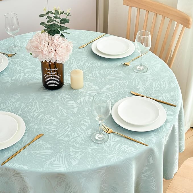 Round Tablecloth Jacquard Table Cloth Leaves Pattern Scalloped Edge Soft Waterproof Washable Fabric 50 Inch Tables Cover for 20-38"Dinning Table Outdoor Party Kitchen Dining Decor (AQUA)