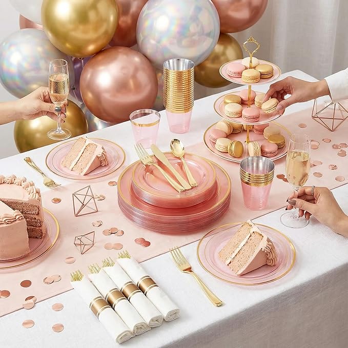 WELLIFE 210Pcs Clear-Pink Plastic Dinnerware- Pink and Gold Plastic Dinnerware include 30 Dinner Plates, 30 Dessert Plates, 90 Gold Silverware, 30 Cups and 30 Napkins Perfect for Parties
