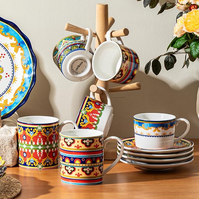 UNICASA Ceramic Coffee Cup with Saucers, 6 oz Colorful Mugs with Dishes, Porcelain Cups Set of 4 for Latte, Cappuccino, Tea, Boho Style, Microwave & Dishwasher Safe