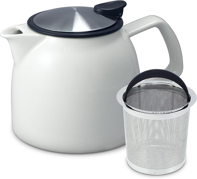 FORLIFE Bell Ceramic Teapot with Basket Infuser, 26-Ounce/770ml, White