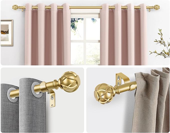 Curtain Rod 48 to 84 Inch, HOTOZON Heavy Duty Curtain Rods for Windows, Telescoping Single Drapery Rod with Netted Texture Finials, Antique Gold