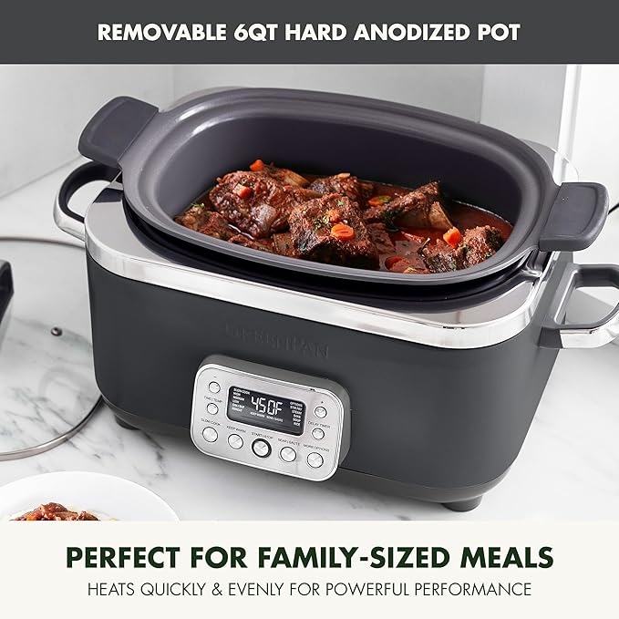 GreenPan Elite 14-in-1 Nonstick 6QT Electric Slow Cooker, PFAS-Free Ceramic Multi-Cooker, In-Pot Browning, Dishwasher Safe Lid & Removable Crock, Stainless Steel Steamer, Silicone Handles, Graphite