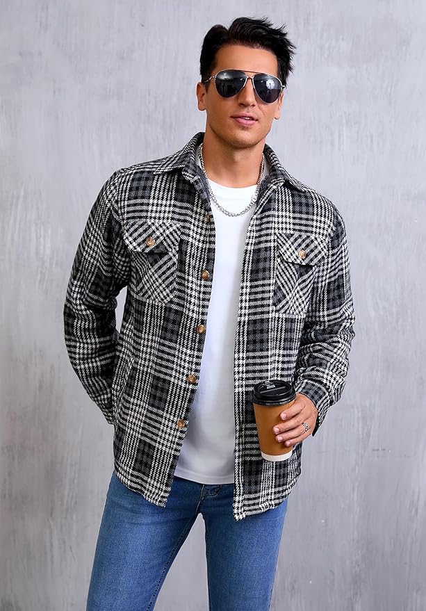 Men's Cotton Sherpa Lined Button Down Flannel Shirt Jacket Plaid Soft Outdoor Flannel Jacket Shirt