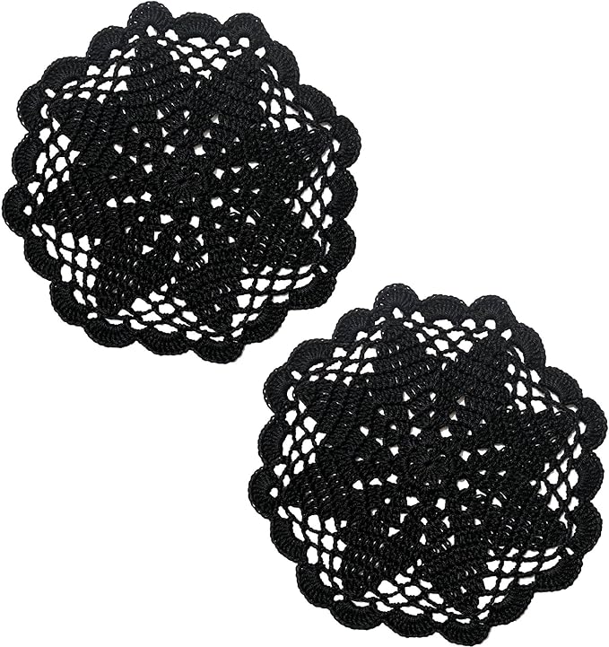BIBITIME Handmade Crochet Round Lace Doilies Kitchen Table Placemats Wedding Tea Flower Vase Cup Mats (Black, 6" to 7",Pack of 2PCS)