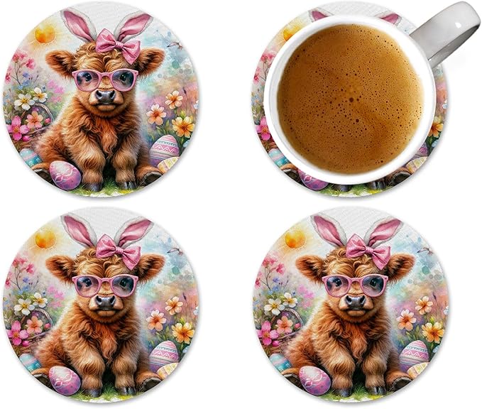 Easter Coasters Set of 4 Drink Absorbent Spring Bunny Coffee Bar Table Patio Decor Neoprene Fabric Rubber - Handmade by The Painted Pug (Bunny & Eggs)