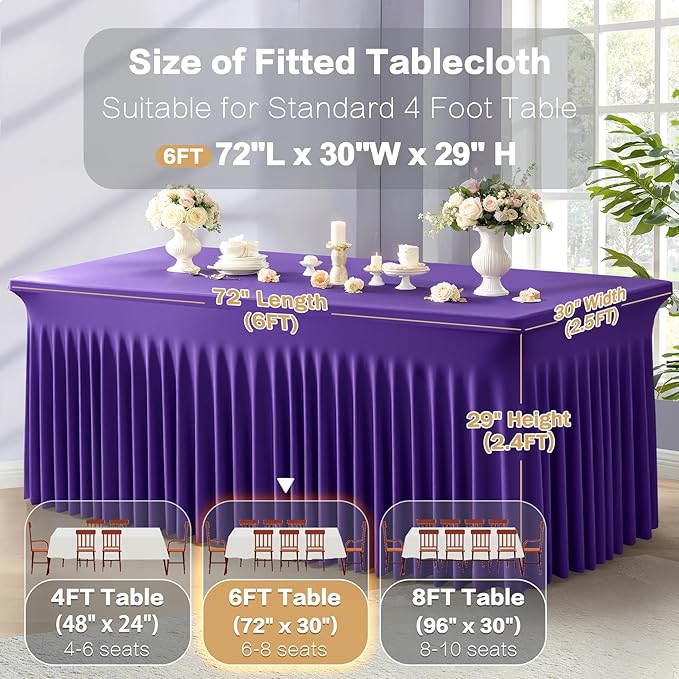 6 Packs Purple Spandex Table Covers 6 Foot, Fitted Stretch Table Cloth with Skirts 72x30 Inch, Wrinkle-Free Floor Length Rectangle Tablecloths for Trade Show Weddings Parties Banquets Events