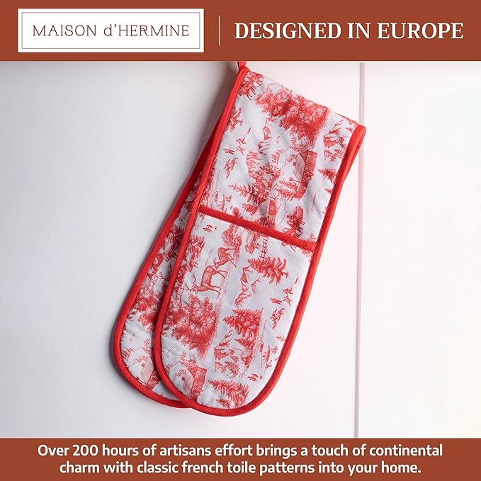 Maison d' Hermine Double Oven Mitt (7" x 35") 100% Cotton Heat Resistant BBQ Cooking Gloves with Loop for Thanksgiving Christmas Decorations Baking Cooking Barbeque Handling Hot Pan (Winter Jouy)