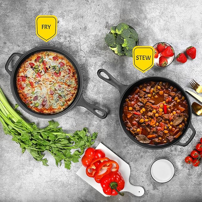2-in-1 Pre-Seasoned Cast Iron Dutch Oven Pot with Skillet Lid Set, 10" Skillet 3QT Pot for Cooking, Baking, Frying and Camping