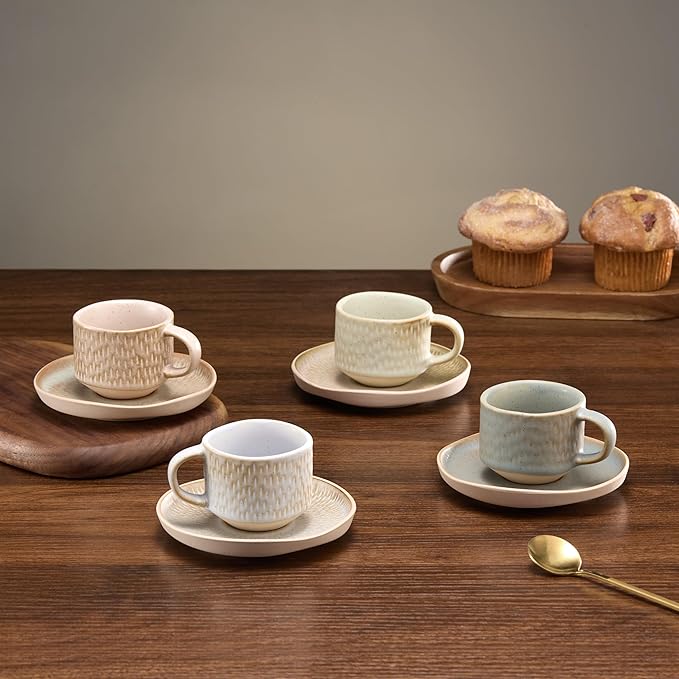 KooK Espresso Mug and Saucer Set, Ceramic Cups and Plates with Rustic Organic Shape and Feathered Texture, Dishwasher and Microwave Safe, 2.7 oz, Set of 4, Neutral Multicolor (2.7 Oz)