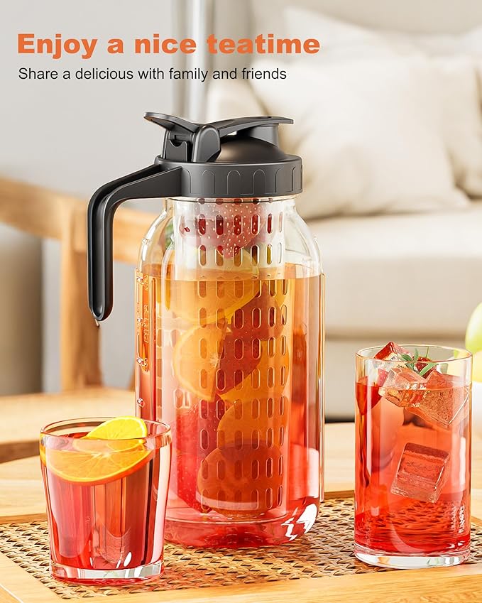 64oz Mason Jar Pitcher with Fruit Tea Infuser – Airtight & Leakproof Glass Pitcher with Lid, Perfect for Iced Tae, Sun Tea and Cold Brew, 2 Quart (1/2 Gallon) Wide Mouth Mason Jar with Pour Spout Lid