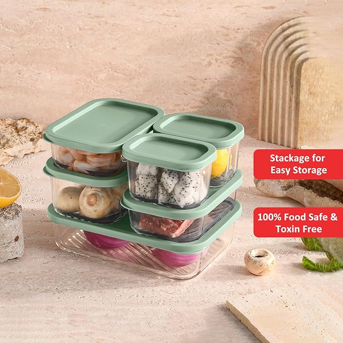 EATEX 6 Pack Glass Meal Prep Containers with Grooved Base, 6 Stackable BPA Free Glass Storage Containers with Lids for Lunch, Pantry, and Kitchen - Microwave, Dishwasher Freezer & Oven Safe - Sage