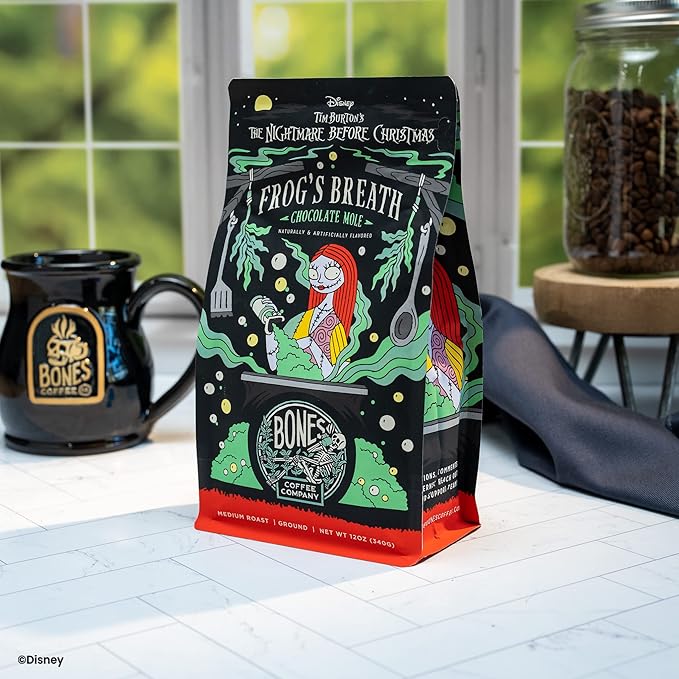 Bones Coffee Company The Nightmare Before Christmas Frog's Breath Flavored Coffee Beans, Whole Bean Coffee Medium Roast Low Acid, Chocolate Mole Flavor (12 oz)