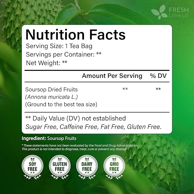 FreshDrinkUS, 40 Premium Soursop Graviola Fruit Tea Bags, 100% Natural and Pure from Soursop Fruits, Made With Natural Materials-Corn Fiber Tea Bag, Sugar/Caffeine/Gluten Free, Hoja Guanabana Tea
