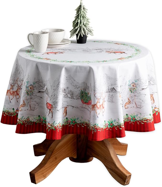 Maison d' Hermine Table Cloth Round Table 100% Cotton 63 Inches Fall Tablecloth Reusable Everyday Use for Thanksgiving Christmas Decorations Dining Farmhouse Party (Christmas Tradition)