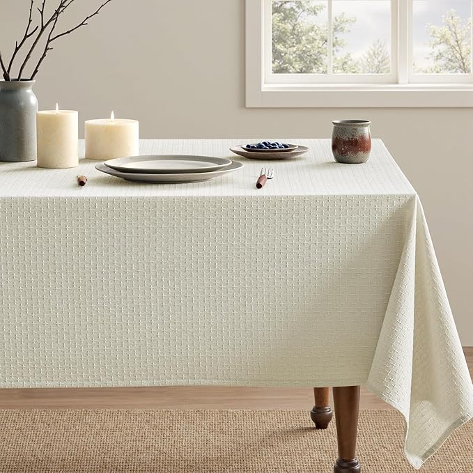MIULEE Ivory Linen Cotton Table Cloth Rectangle Tablecloth Spring Waterproof Spillproof Cross-Star Textured Table Cltoth Decorative Farmhouse Style for Dining Party Weddings 60x120 Inch