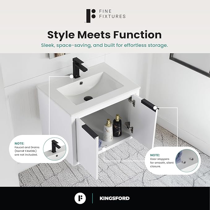 Fine Fixtures Kingsford Modern 24 Inch Bathroom Vanity with Sink, White Finish, Elegant Bathroom Vanities for Modern Homes, Stylish Storage Solutions for Bathrooms
