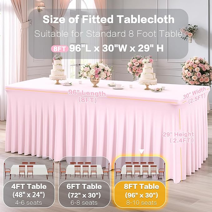 2 Packs Baby Pink Spandex Tableclothes for 8 Foot Rectangle Table, Spandex Table Covers 8FT Stretch Table Skirts Rectangle Wrinkle Free Fitted Table Cover for Event, Wedding, Banquet & Parties