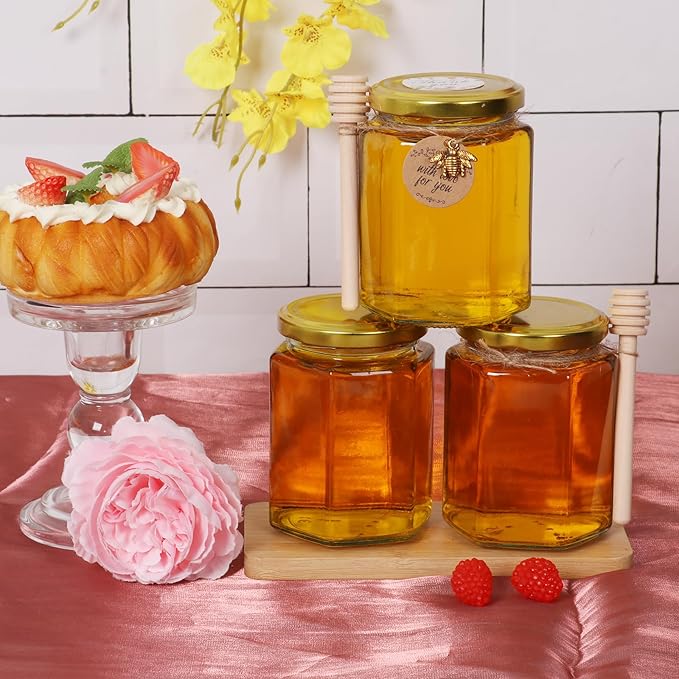 BIGIVACA 9 oz Hexagon Glass Honey Jars with Wood Dippers,6 Pack Honey Jars with Gold Lids,Bee Pendants,Jutes,35 Bee Stickers,Perfect for Baby Shower,Wedding Favors,Party Favors