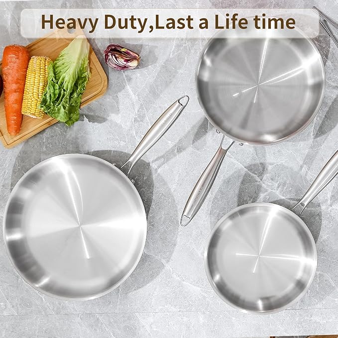 DELARLO Tri-Ply Stainless Steel Frying Pan, All Cooktops Compatible Up to 600℉, Oven Safe Induction Skillet, 12.5 inch Non toxic Cooking Surface, Fast & Even Heat, Durable Cookware