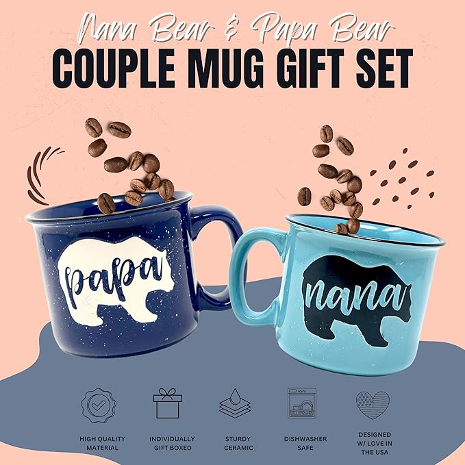 Nana and Papa Bear Cute 15 oz Coffee Mug for Grandma, Grandmother - Grandma Gifts, Mother's Day, Father's Day, Christmas, Birthday (Nana Bear Teal and Papa Bear Navy Blue Gift Set)