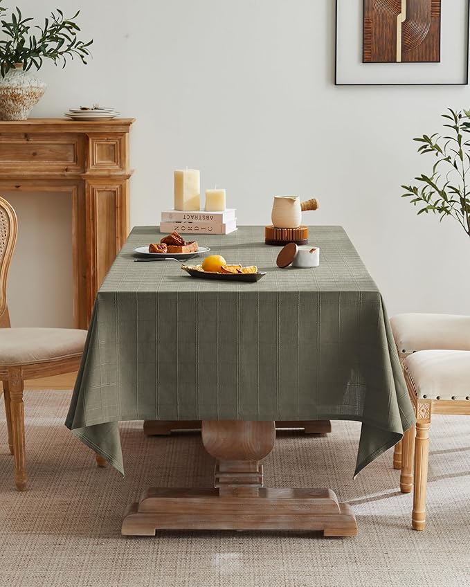 ZeeMart Linen Checked Table Cloth, Farmhouse Style Plaid Embroidered Green Tablecloth, Water Resistant Square Table Cloth, Olive 52x52 Inches