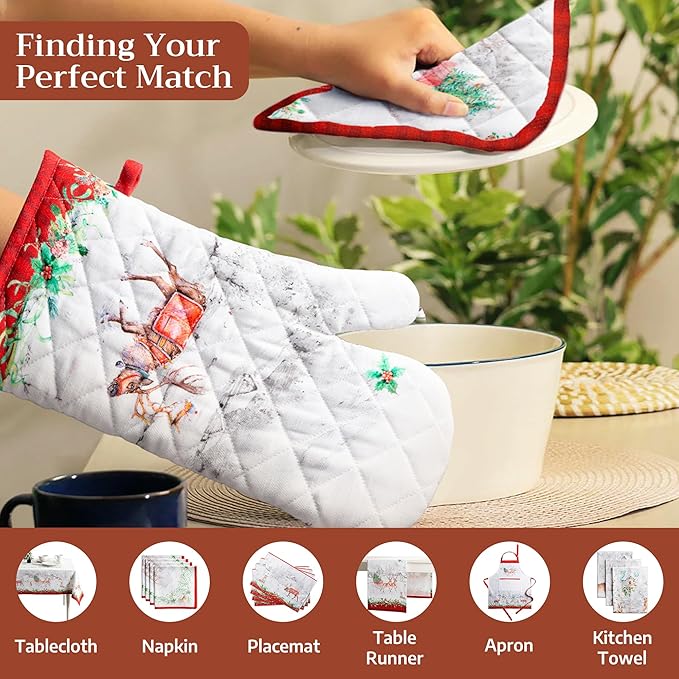 Maison d' Hermine Oven Gloves 100% Cotton Oven Mitt 7" x 13" with Loop Heat Resistant Cooking Gloves for Thanksgiving Christmas Decorations Baking Handling Hot Pans (Pack of 1, Christmas Tradition)