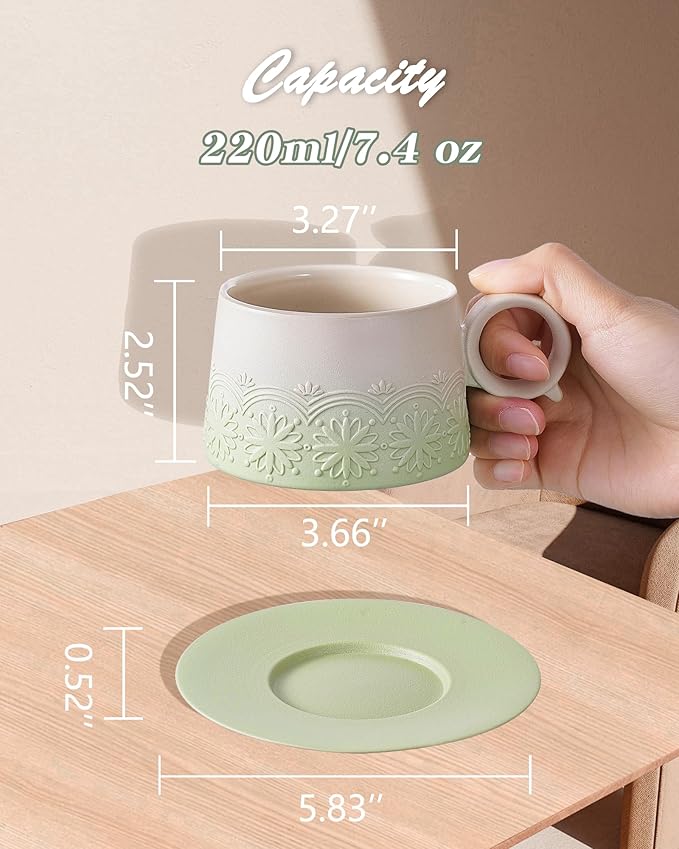 ZENS 7.3 Ounce Cappuccino Mug Set of 2, Artistic Embossed Ceramic Cappuccino Cups with Saucers for Cafe Matcha, Double Espresso Cups Set of 2 for Au Lait or Tea, Coffee Lovers Gifts, Pale Green