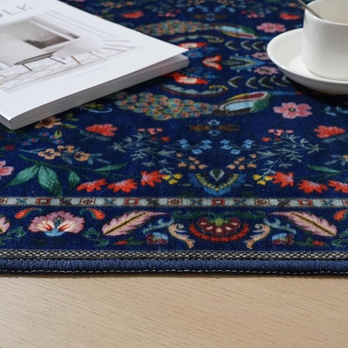 Rugcomf Runner Rug Washable Kitchen Runner 2'x 10' Runner Rug for Entryway Indoor Floral Soft Non-Slip Carpet Runner for Hallways, Kitchen, Laundry, Bedroom, Bathroom(Blue)