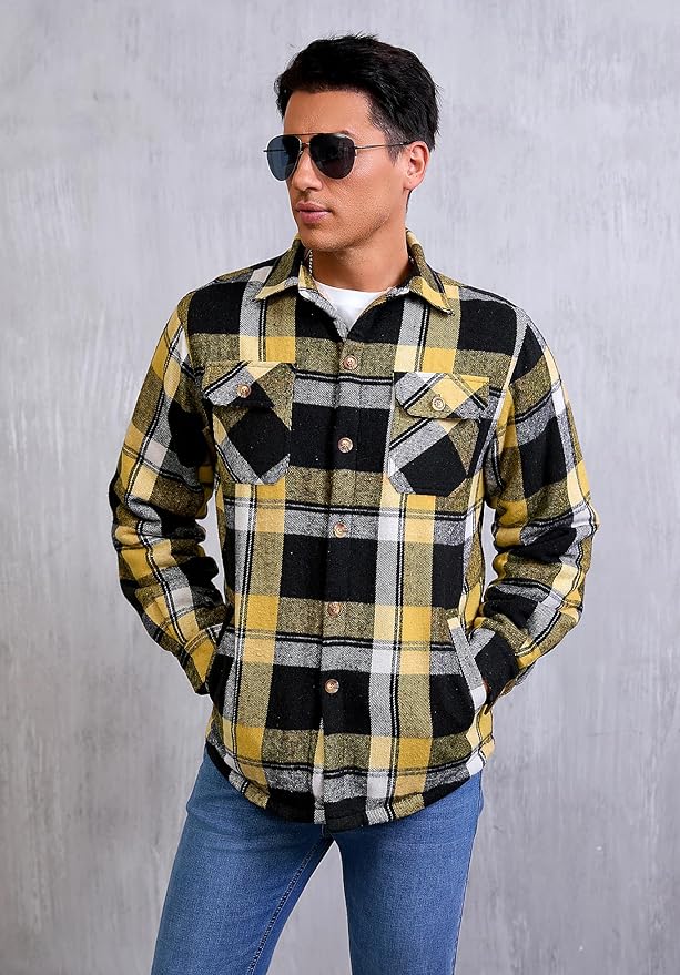 Men's Cotton Sherpa Lined Button Down Flannel Shirt Jacket Plaid Soft Outdoor Flannel Jacket Shirt