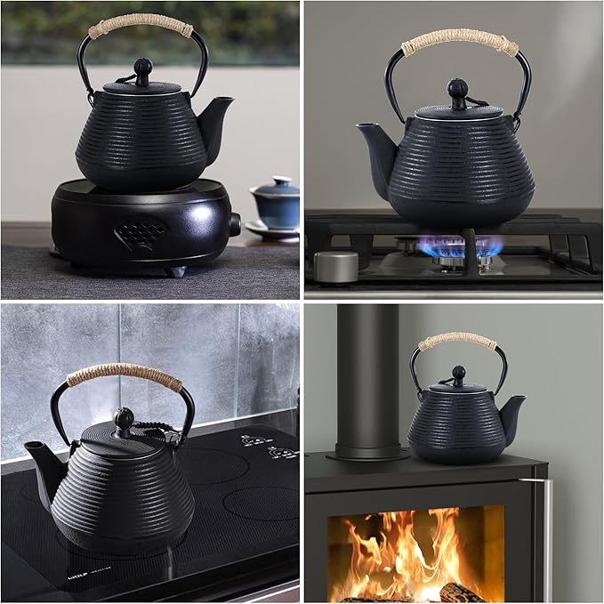 Cast Iron Teapot, 35oz Tea Kettle Stovetop Safe with Infuser for Loose Leaf, Japanese Tea Pot Coated with Enameled Interior, 1000ml Black